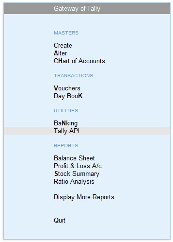 TallyPrime API - Menu