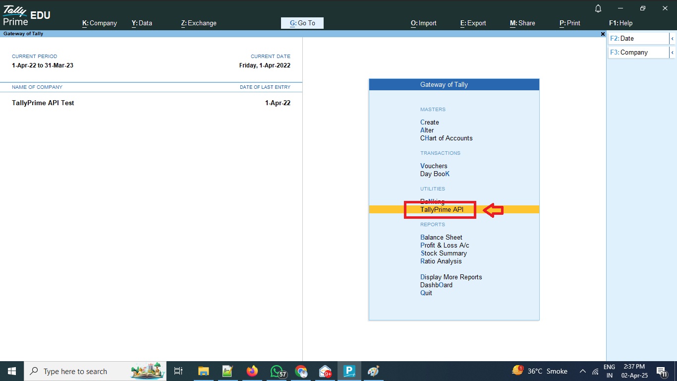 Enable TallyPrime API Module on Gateway of Tally