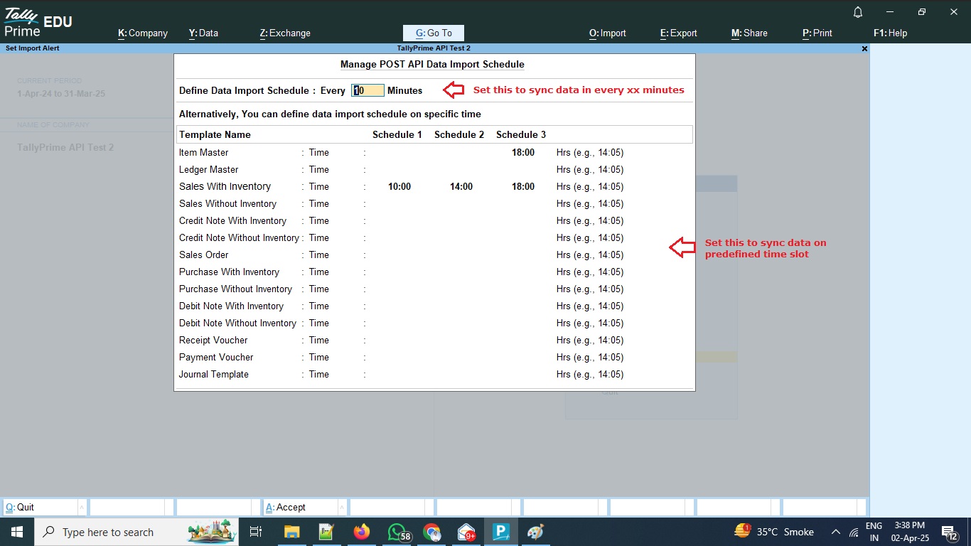 TallyPrime POST API Schedules